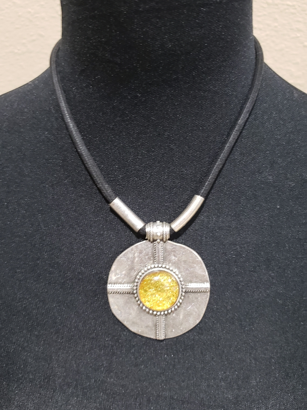 Silver-Tone Pendant Necklace with Yellow Foiled Cabochon